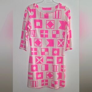 Mahi Gold Size Small S Pink and White Geometric Dress 95% Cotton 5% Lycra
